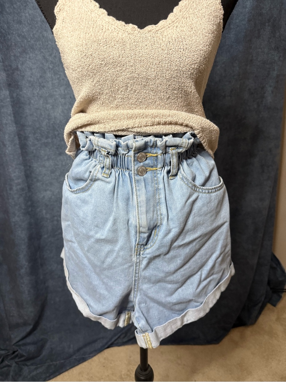 High-Rise Light Blue Paperbag Denim Shorts